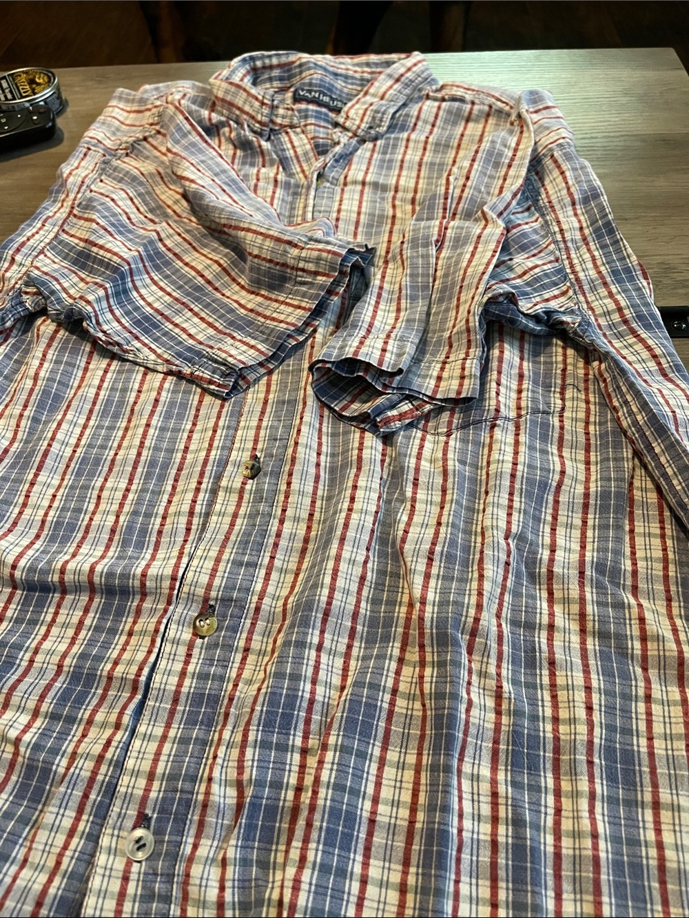 #A303 Van Heusen Red, Blue & White Striped Casual Button-Down Shirt